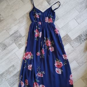 Doe & Rae Xs Maxi Dress Navy Blue Pink Flower Rose Floral Print